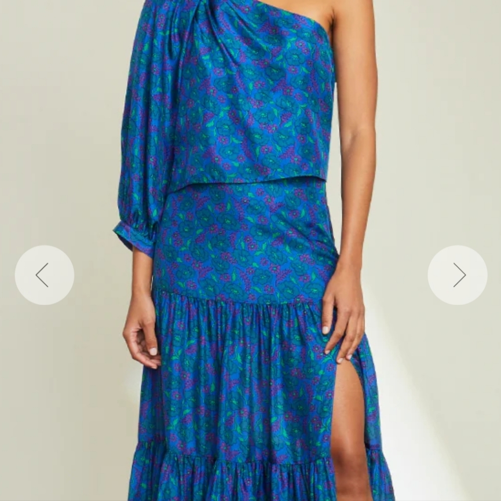 Veronica Beard Serence Tiered Flora Silk skirt and one shoulder blouse in cobalt